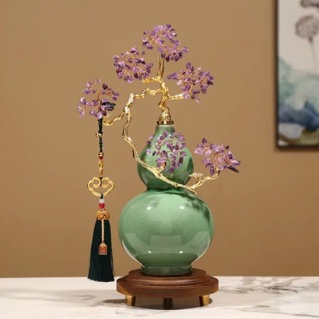紫水晶葫蘆擺件陶瓷水晶樹紫氣東來水晶石招財樹工藝品裝飾喬遷禮物客廳