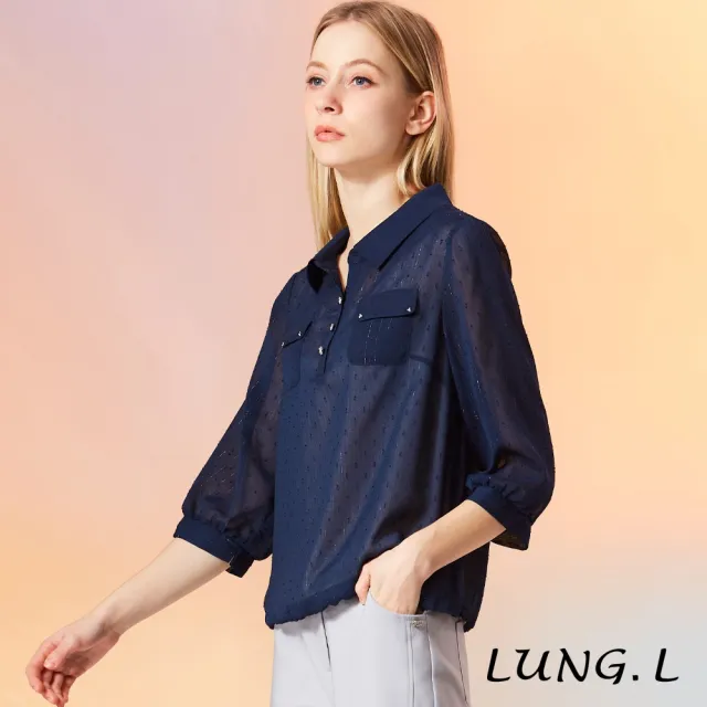 【LUNG.L 林佳樺】LW58A 深藍點點細條提花半開襟雪紡七分袖女裝上衣
