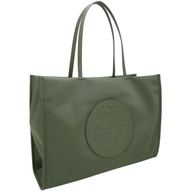 【TORY BURCH】Ella 大款 皮革盾牌前袋 尼龍肩背托特包-軍綠