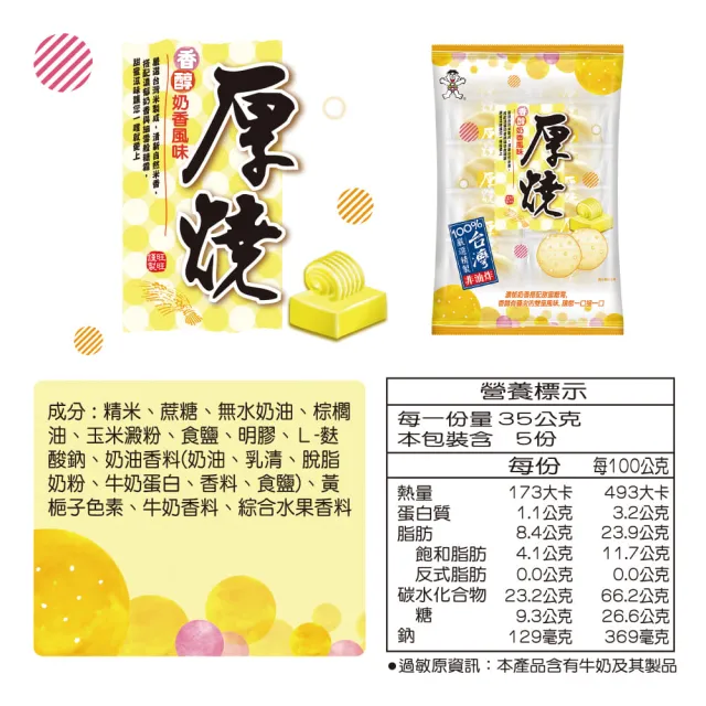 【旺旺】厚燒米果系列-可口椒鹽味190g/香醇奶香風味175g(米果 仙貝 台灣在地米製成)