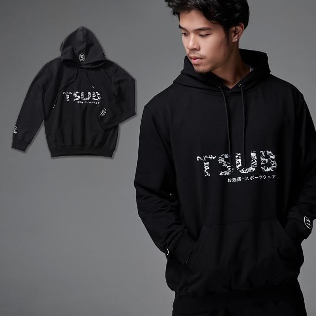 【TSUBASA】男款  黑爆裂紋LOGO夜光 長袖帽T(福利品 長袖連帽 連帽T 長袖上衣 中性款)