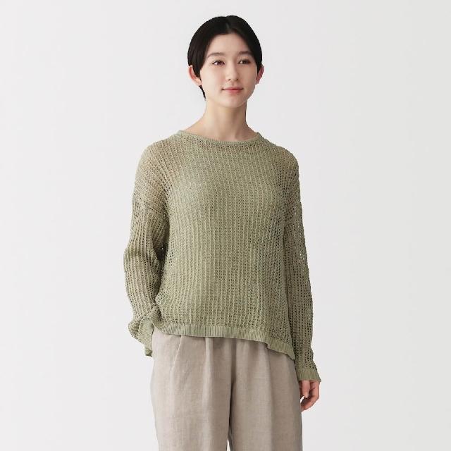 【MUJI 無印良品】女亞麻混鏤空編織寬版針織衫(墨灰/淺米/煙燻綠)