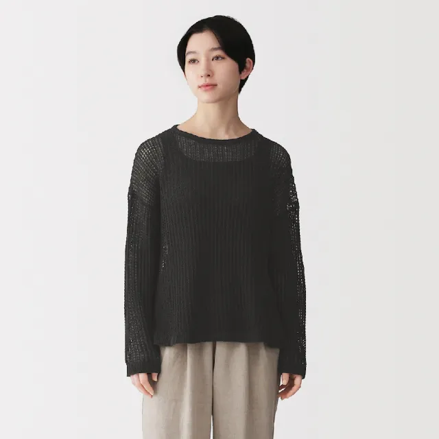【MUJI 無印良品】女亞麻混鏤空編織寬版針織衫(墨灰/淺米/煙燻綠)