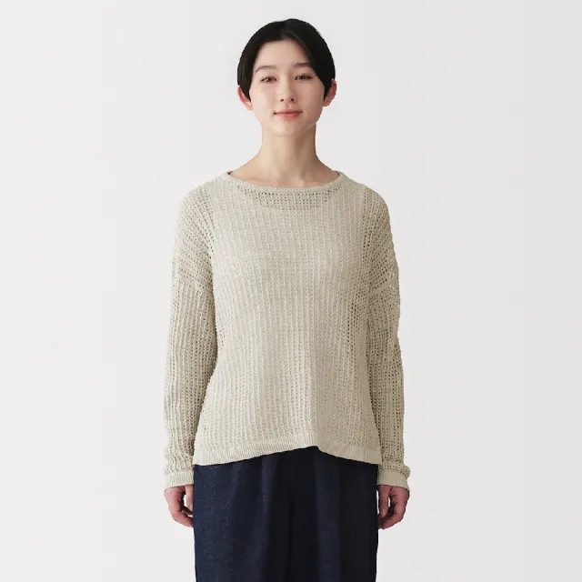 【MUJI 無印良品】女亞麻混鏤空編織寬版針織衫(墨灰/淺米/煙燻綠)