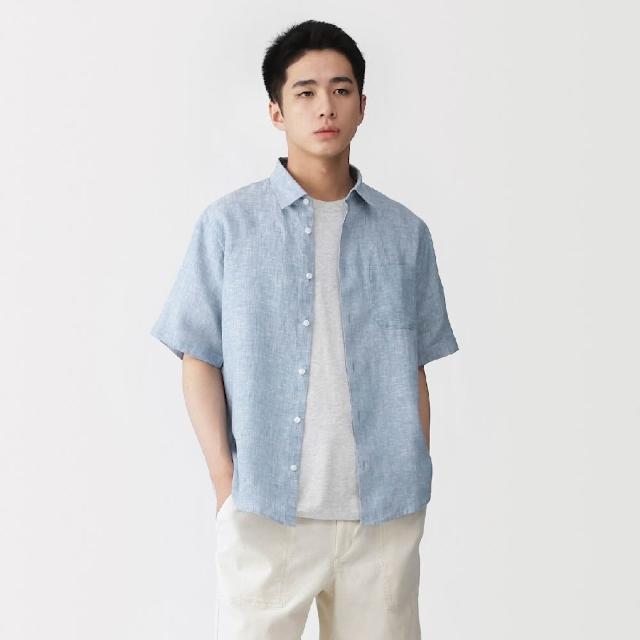 【MUJI 無印良品】男亞麻水洗短袖襯衫(白色/原色/淺藍/深藍)
