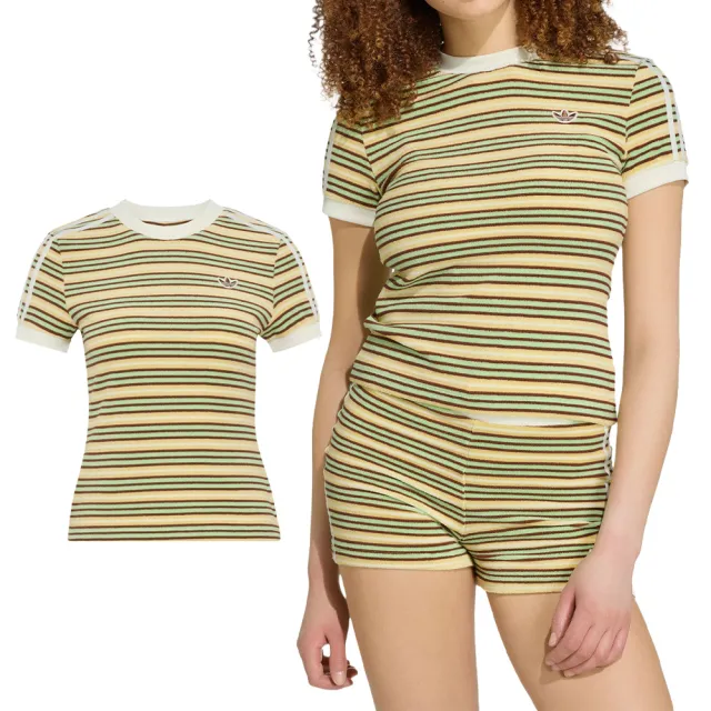 【adidas 愛迪達】Striped Tee 女款 黃綠色 修身 條紋 運動 休閒 短袖 KY8117