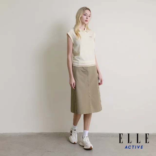 【ELLE ACTIVE】女款 可調式腰帶撞色線條中長裙-卡其色(EA26S1W2205-82)