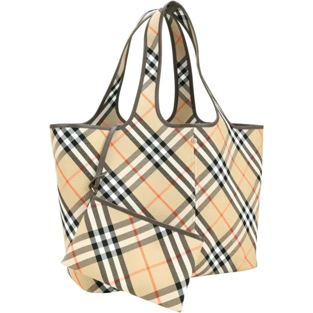 【BURBERRY 巴寶莉】中款 牛皮飾邊格紋帆布肩背托特包-附萬用包 卡其x綠