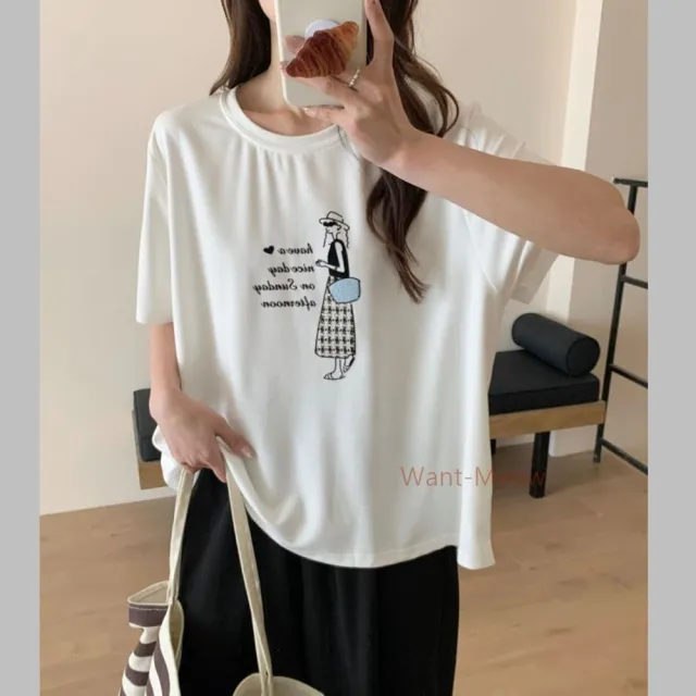 【Want-Meow】90公斤可穿/寬鬆好質感都會女子太空棉圖案T大尺碼上衣短袖T恤(大碼/大尺碼/加大碼/短袖上衣)