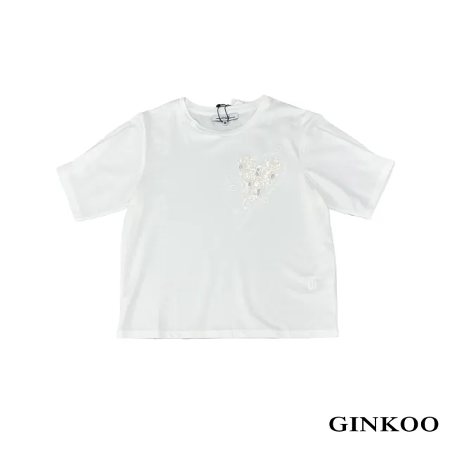 【GINKOO 俊克】愛心亮片繡花圓領棉T