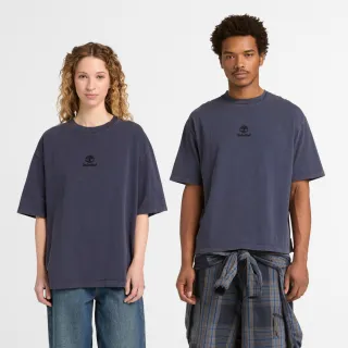 【Timberland】中性深藍色寬版刺繡LOGO T恤(A5M4Z451)