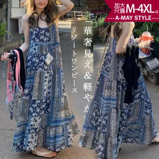 【Amay Style 艾美時尚】中大尺碼女裝 吊帶裙 連身裙 渡假風圖騰印花吊帶連身長洋裝。M-4XL(印花.預購)