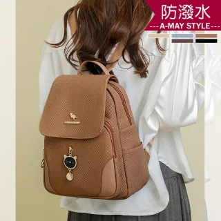 【Amay Style 艾美時尚】女包 旅行後背包 雙肩包 防潑水質感紋理貓咪吊飾後背包(5色.預購)