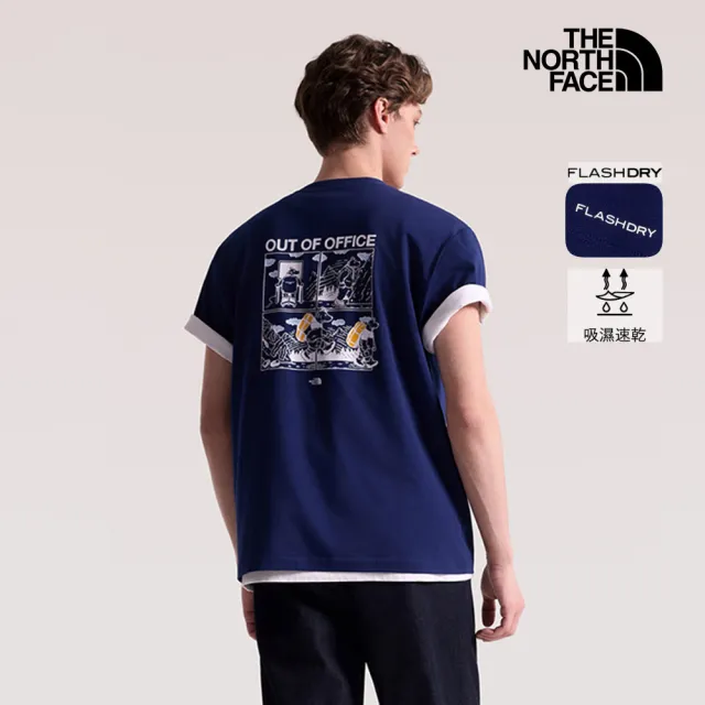 【The North Face】北面男女款深藍色FLASHDRY速乾漫畫印花短袖T恤｜8M77BO4