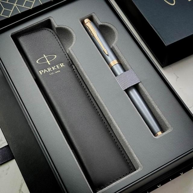 【PARKER】派克 IM金屬系列暮光藍鋼珠筆 真皮筆套禮盒