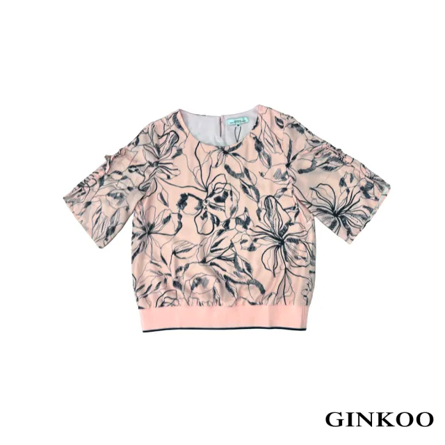 【GINKOO 俊克】花朵印花配色羅紋上衣