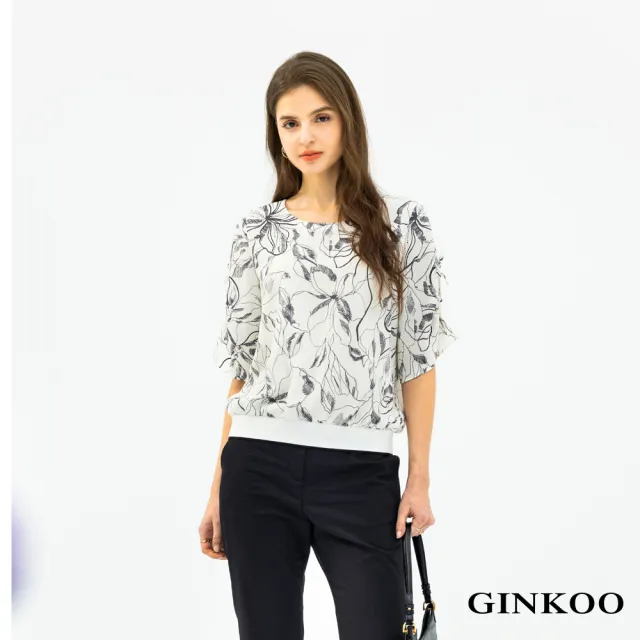 【GINKOO 俊克】花朵印花配色羅紋上衣
