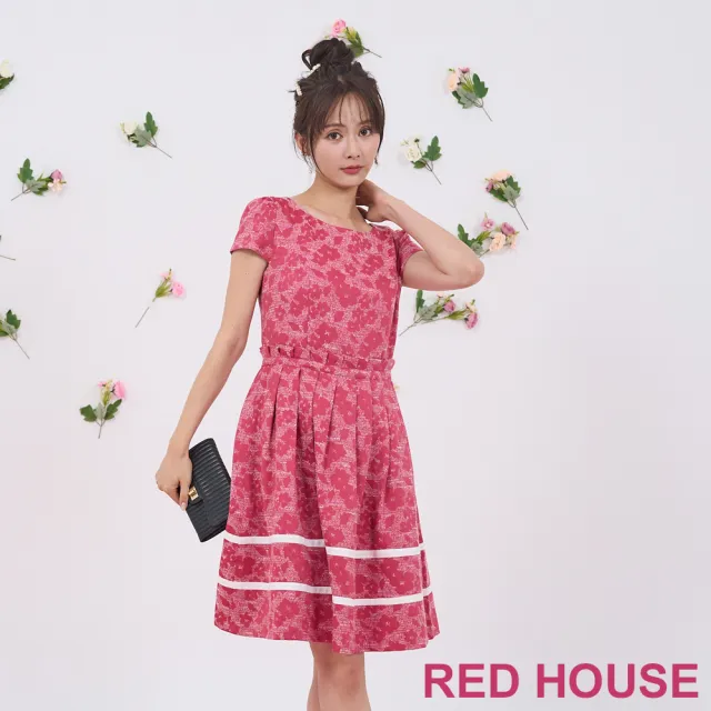 【RED HOUSE 蕾赫斯】亮眼花朵抽褶洋裝(桃紅色)