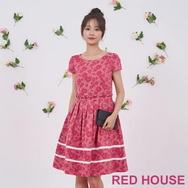 【RED HOUSE 蕾赫斯】亮眼花朵抽褶洋裝(桃紅色)