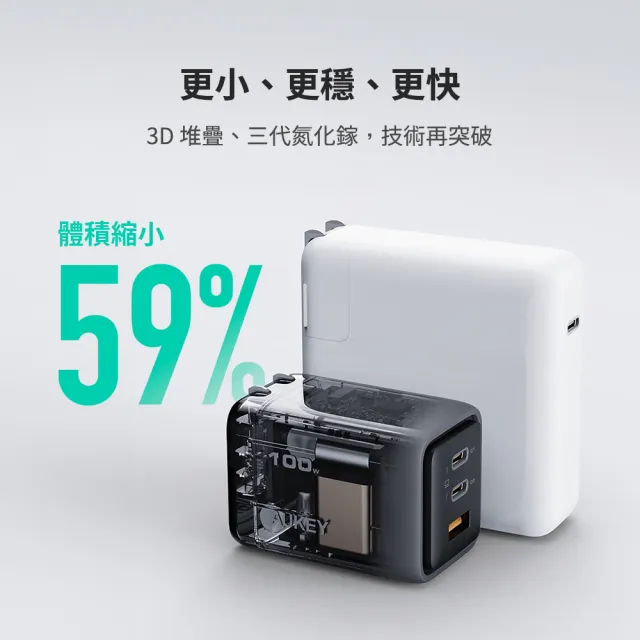 【AUKEY】Comet Mix 3 100W PA-C5 Type-C 氮化鎵 三孔 PD快充充電器(百瓦電力 一手掌握)