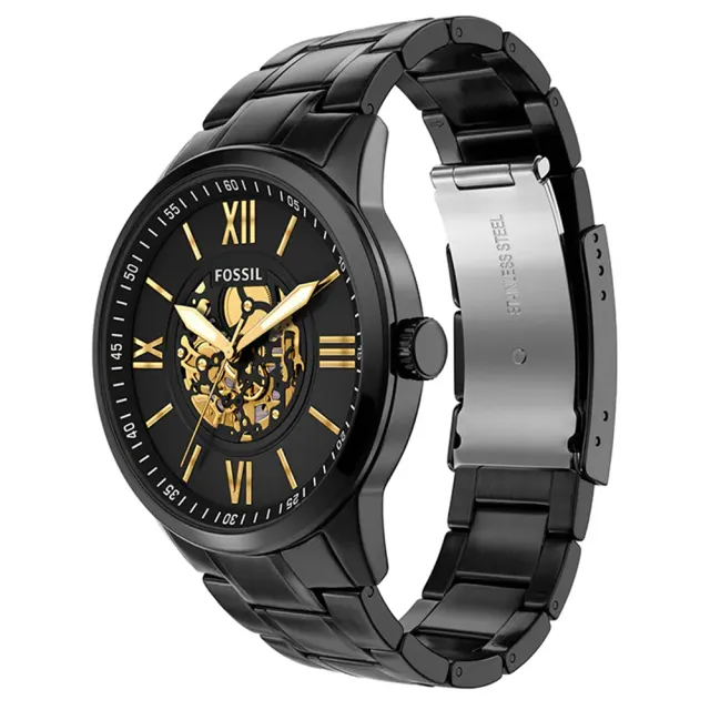 【FOSSIL】Flynn 時尚機械花紋面盤大錶徑石英手錶-金x黑/48mm 送禮 禮物 推薦(BQM7130)