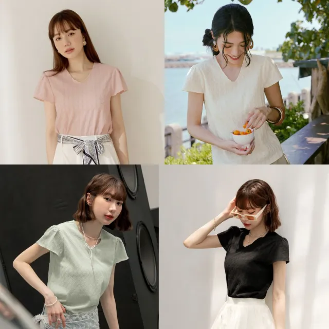 【OB 嚴選】V領小澎袖菱格壓紋上衣 《AB20363》