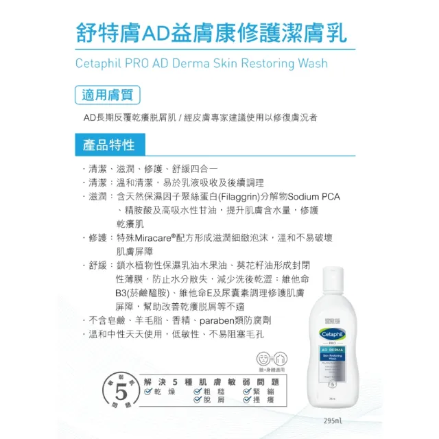 【Cetaphil 舒特膚】官方直營 AD益膚康修護潔膚乳 295ml(臉部身體適用/益膚沐浴/洗臉)