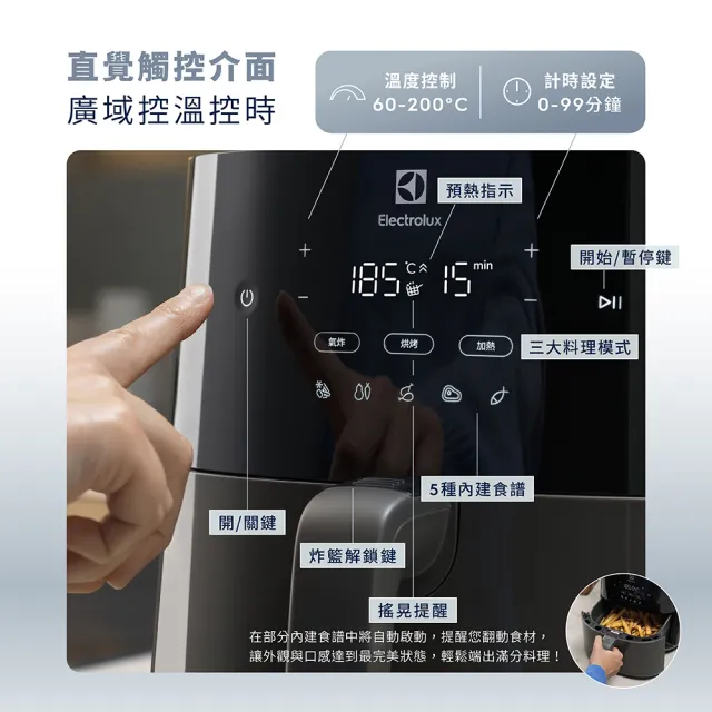 【Electrolux 伊萊克斯】3.3公升極致美味500 觸控式氣炸鍋-珍珠黑(E5AF1-510P)