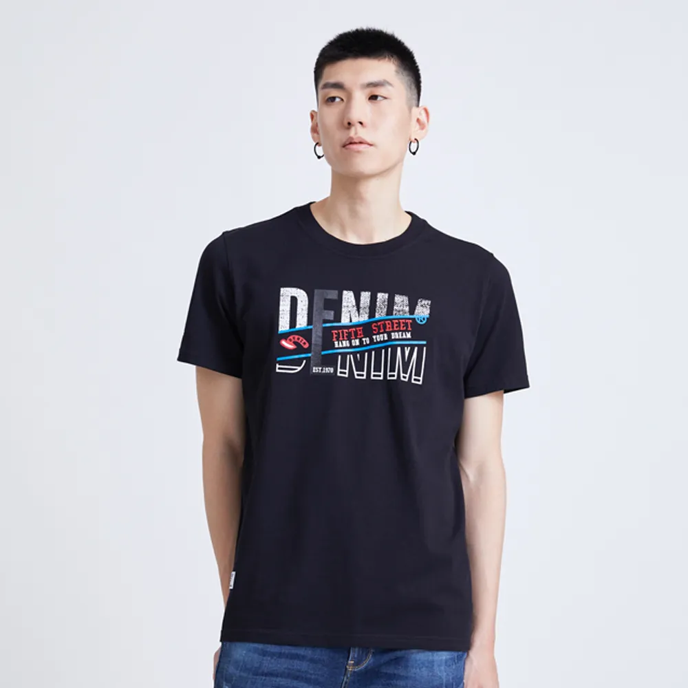 【5th STREET】男裝 短袖 短t 上衣 t恤 TEE logo 切割 棉質 黑色(570857)