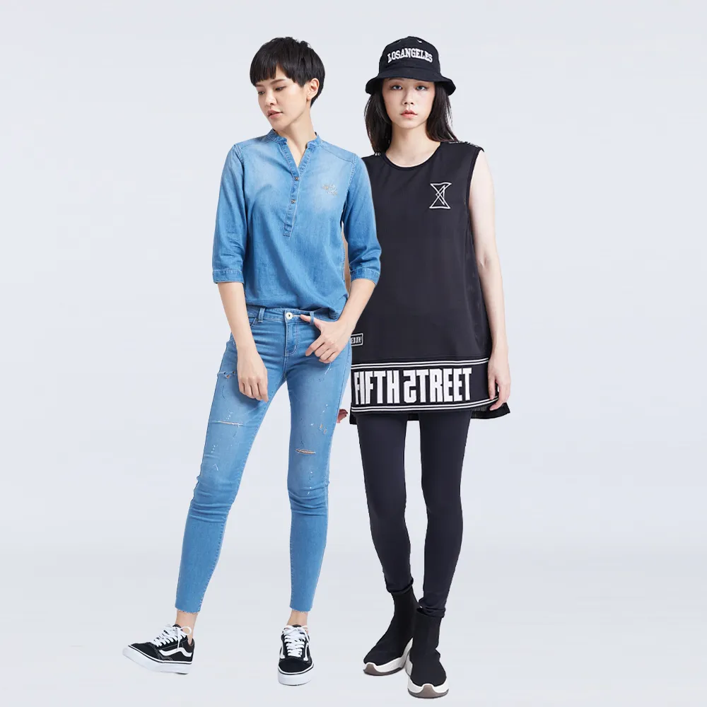 【5th STREET】女裝 男裝 牛仔褲 直筒褲 彈力褲 黑色 藍色(多款任選)