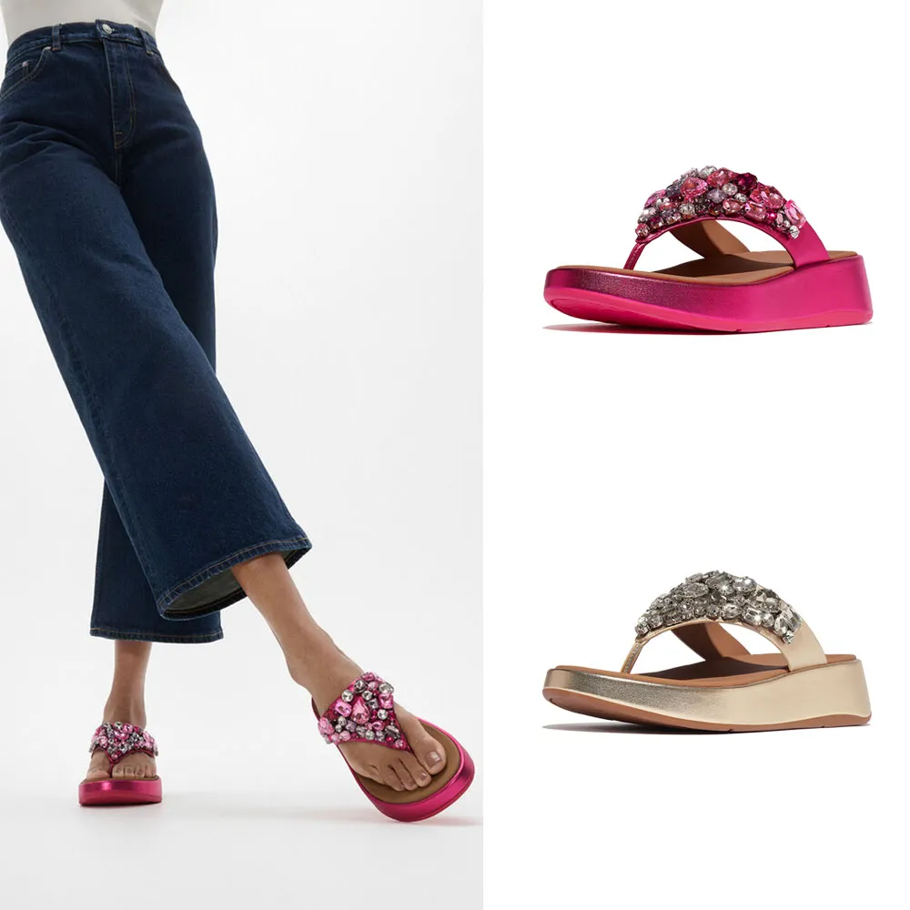 【FitFlop】F-MODE 華麗寶石金屬皮革厚底夾腳涼鞋-女(兩色)