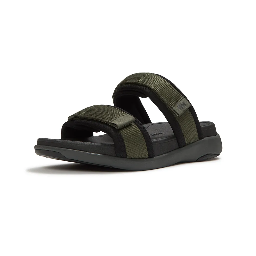 【FitFlop】F-MODE GO MENS 可調式軟墊織帶雙帶涼鞋-男(深橄欖色/黑色)