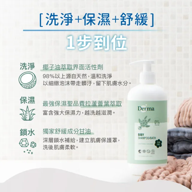 【Derma 丹麥德瑪】寶寶有機沐浴露優惠組-沐浴露500ml*2+沐浴露150ml*1(洗髮沐浴兩用、新生兒、嬰幼童)