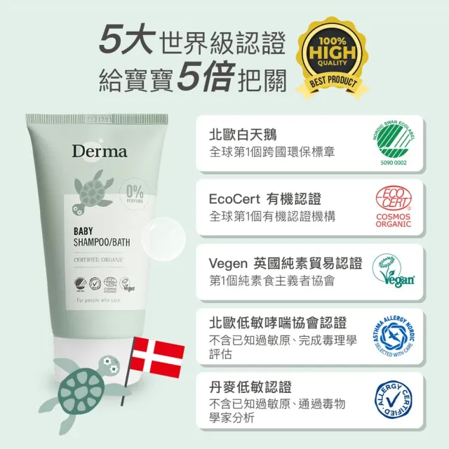 【Derma 丹麥德瑪】寶寶有機沐浴露家庭號囤貨組-沐浴露500ml*4(洗髮沐浴兩用、新生兒、嬰幼童)