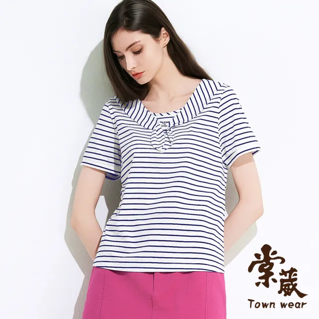 【TOWN’WEAR 棠葳】知性領巾條紋上衣(女上衣/女上著/棉質/t-shirt/條紋/休閒/百搭/短袖 )