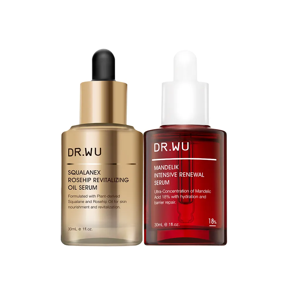【DR.WU 達爾膚】嫩亮潤澤雙效修護組(角鯊玫瑰果精華油30ML+杏仁酸煥膚精華18% 30ML)