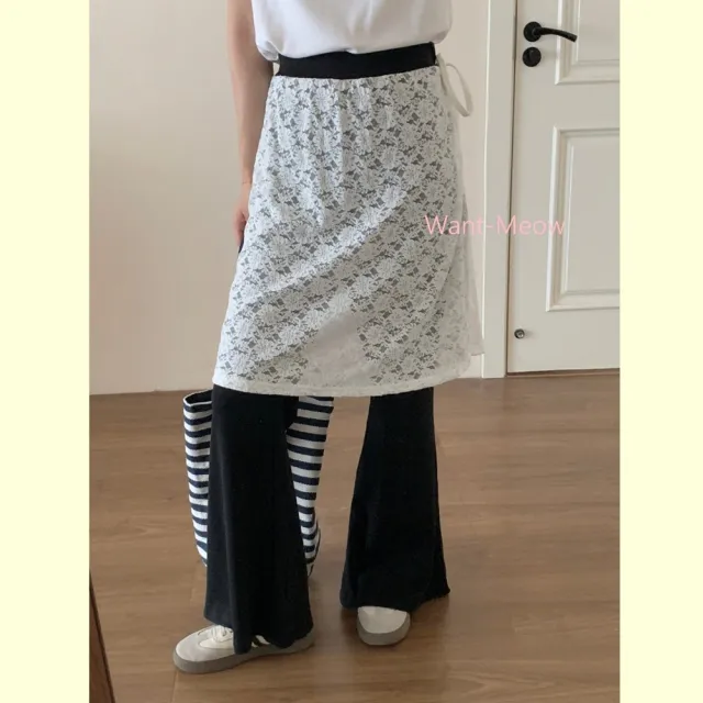【Want-Meow】90公斤可穿/百搭日系屁簾寬褲超顯瘦假兩件緊褲頭長褲(大碼/大尺碼/加大碼/寬褲)