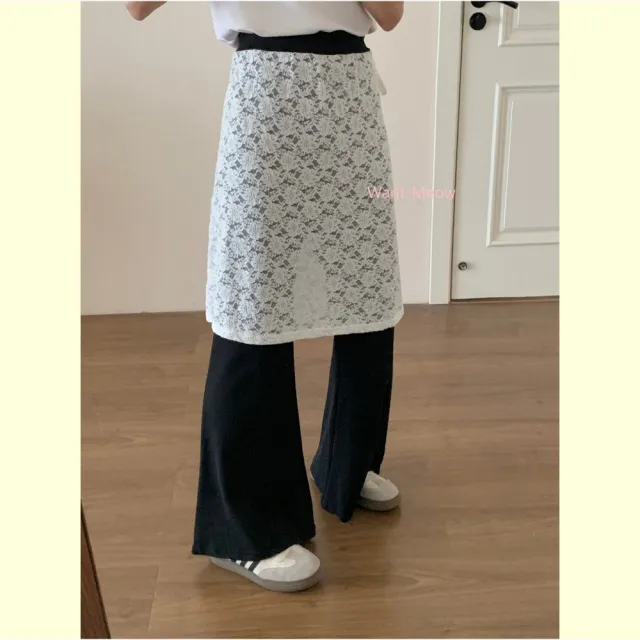 【Want-Meow】90公斤可穿/百搭日系屁簾寬褲超顯瘦假兩件緊褲頭長褲(大碼/大尺碼/加大碼/寬褲)