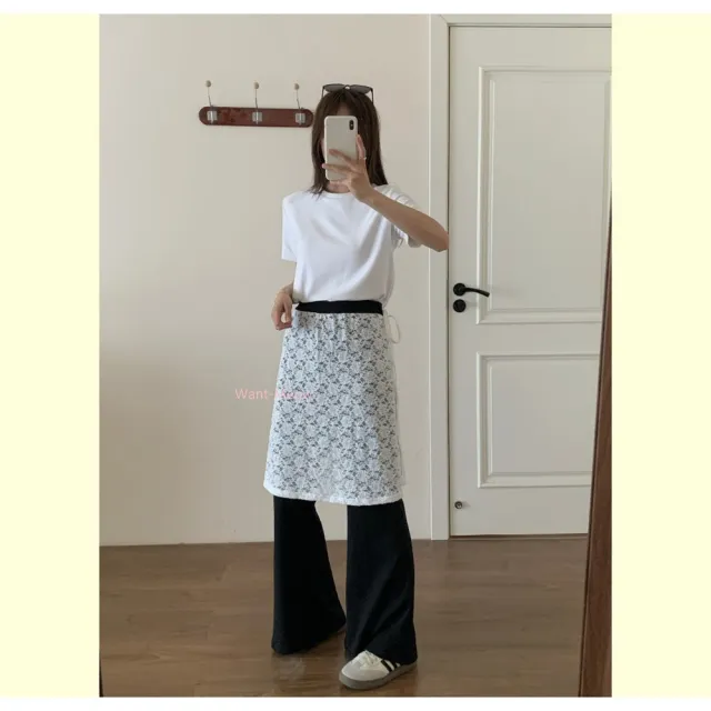 【Want-Meow】90公斤可穿/百搭日系屁簾寬褲超顯瘦假兩件緊褲頭長褲(大碼/大尺碼/加大碼/寬褲)