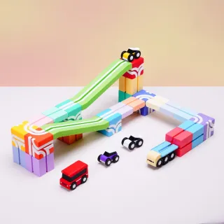 【Qbi 塊樂方程式】彩虹創意百變軌道組(彩虹積木/迴力車/STEAM/磁力片/玩具車/軌道玩具/28pcs)