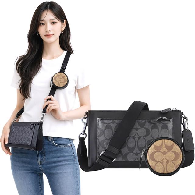 【COACH】荔枝紋皮革撞色拼接斜背包-附零錢小掛包(黑色)