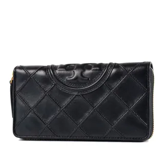 【TORY BURCH】專櫃款 FLEMING 絎縫格紋壓花雙T拉鍊長夾-黑色