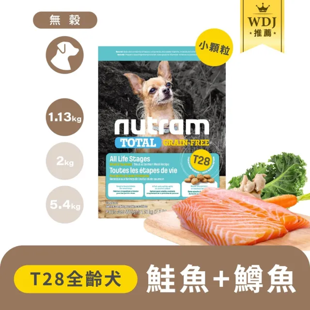 【Nutram 紐頓】T28無穀全能系列-鮭魚+鱒魚挑嘴犬小顆粒 1.13kg/2.5lb*2包組(犬糧、狗糧、狗飼料)