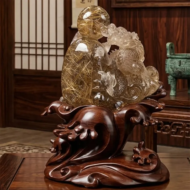 【桃花源創意工坊】祥龍戲珠茶水鈦晶手工雕刻擺件