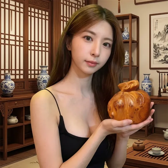 【桃花源創意工坊】招財小福袋木雕擺件雕刻工藝品家居飾品