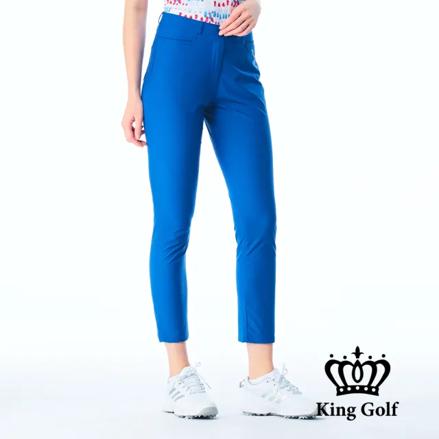 【KING GOLF】網路限定款-女款LOGO燙印舒適修身素面休閒長褲/高爾夫球褲-寶藍色