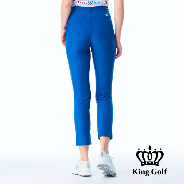 【KING GOLF】網路限定款-女款LOGO燙印舒適修身素面休閒長褲/高爾夫球褲-寶藍色