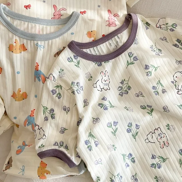 【橘魔法】軟萌動物坑條棉居家服套裝 女童 男童 兒童 大童 童裝 睡衣 短袖上衣 七分褲