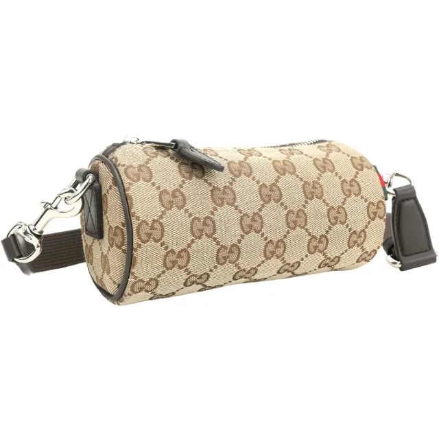 【GUCCI 古馳】GG 老花帆布斜背波士頓圓筒包 迷你-烏木色