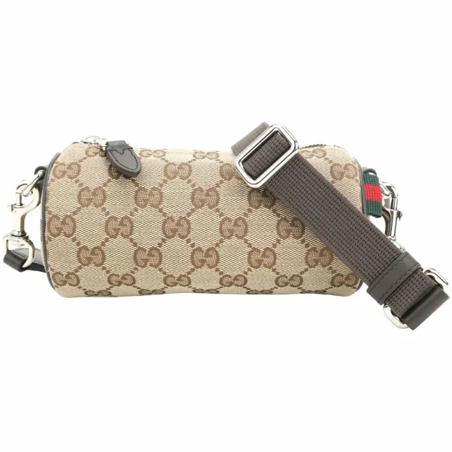 【GUCCI 古馳】GG 老花帆布斜背波士頓圓筒包 迷你-烏木色